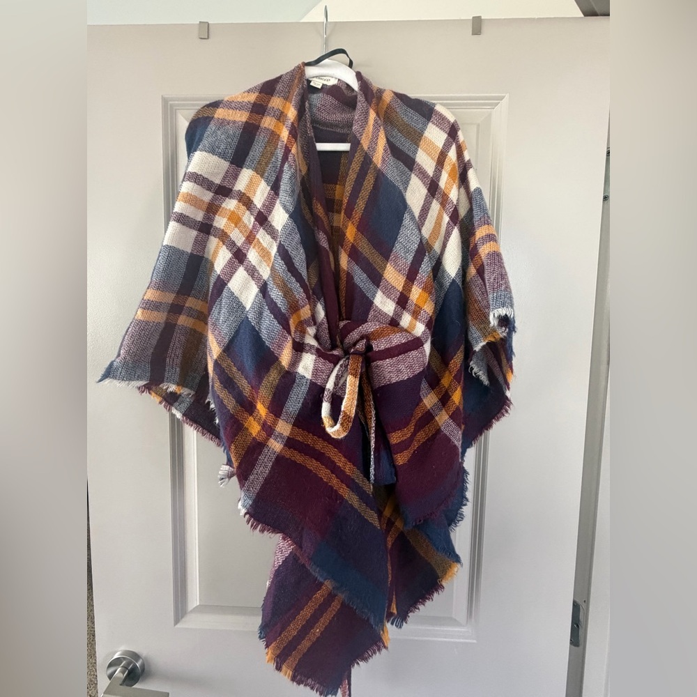 Francesca's Poncho in Maroon, Gold, Navy & Cream Plaid